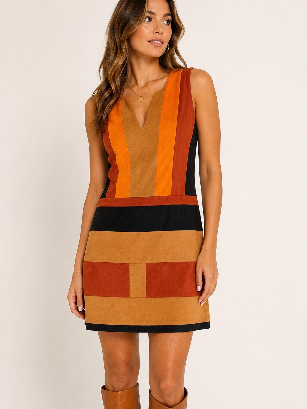 Eva Menendez Colorblock Faux Suede Shift Dress Mod 70s Retro Orange Black Fall 6